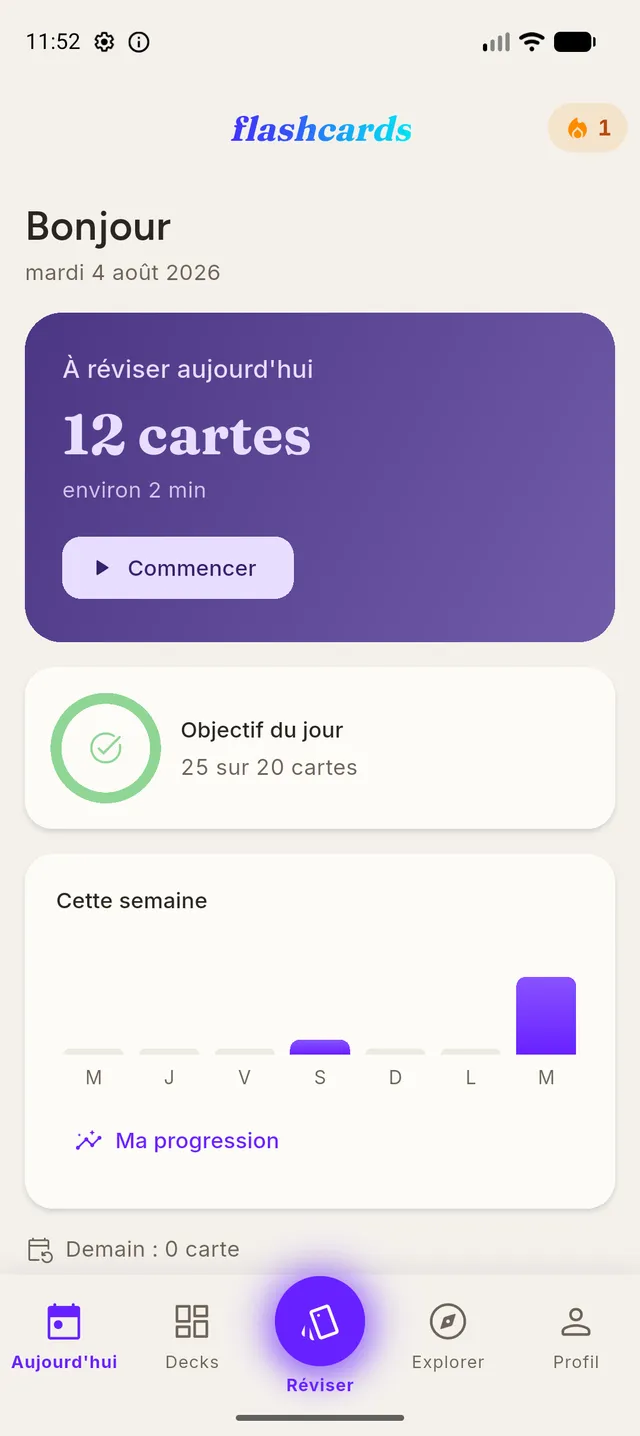 Écran d'accueil de l'application : nombre de cartes à réviser aujourd'hui et bouton de démarrage