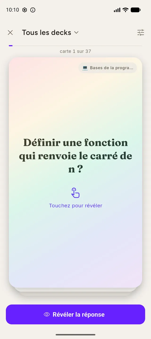 Session de révision, face avant : une question attend d'être retournée