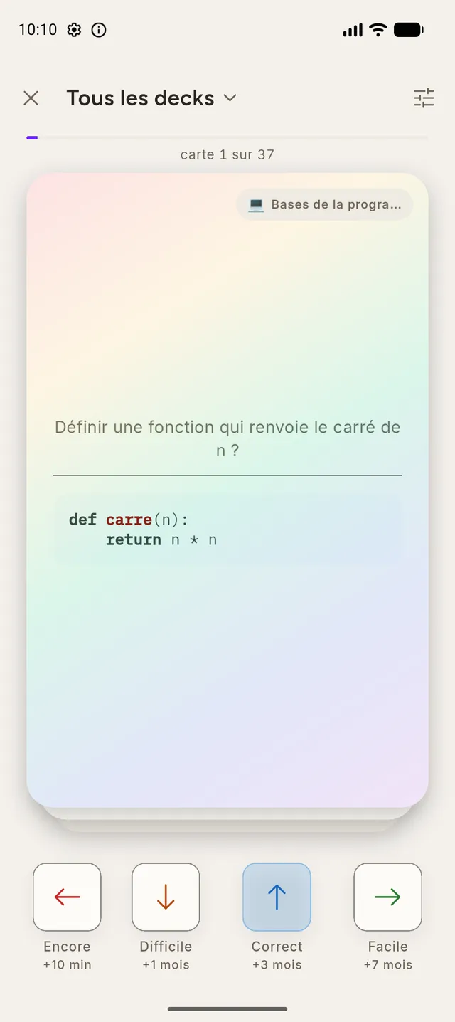 Session de révision, face arrière : la réponse et les quatre notes possibles