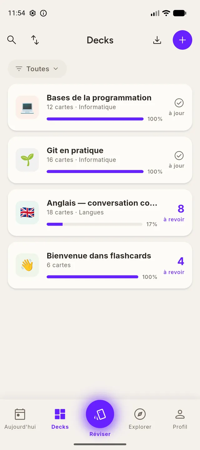 Liste des decks de l'utilisateur avec leur nombre de cartes