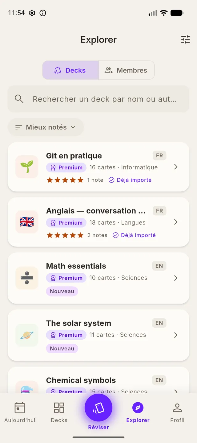 Bibliothèque communautaire : liste de decks publiés par d'autres utilisateurs