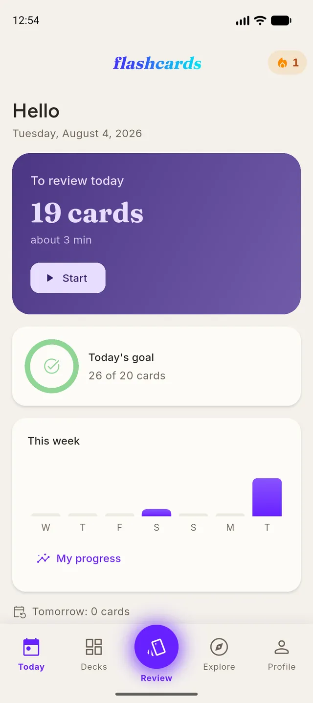 Home screen of the app: number of cards due today and a start button