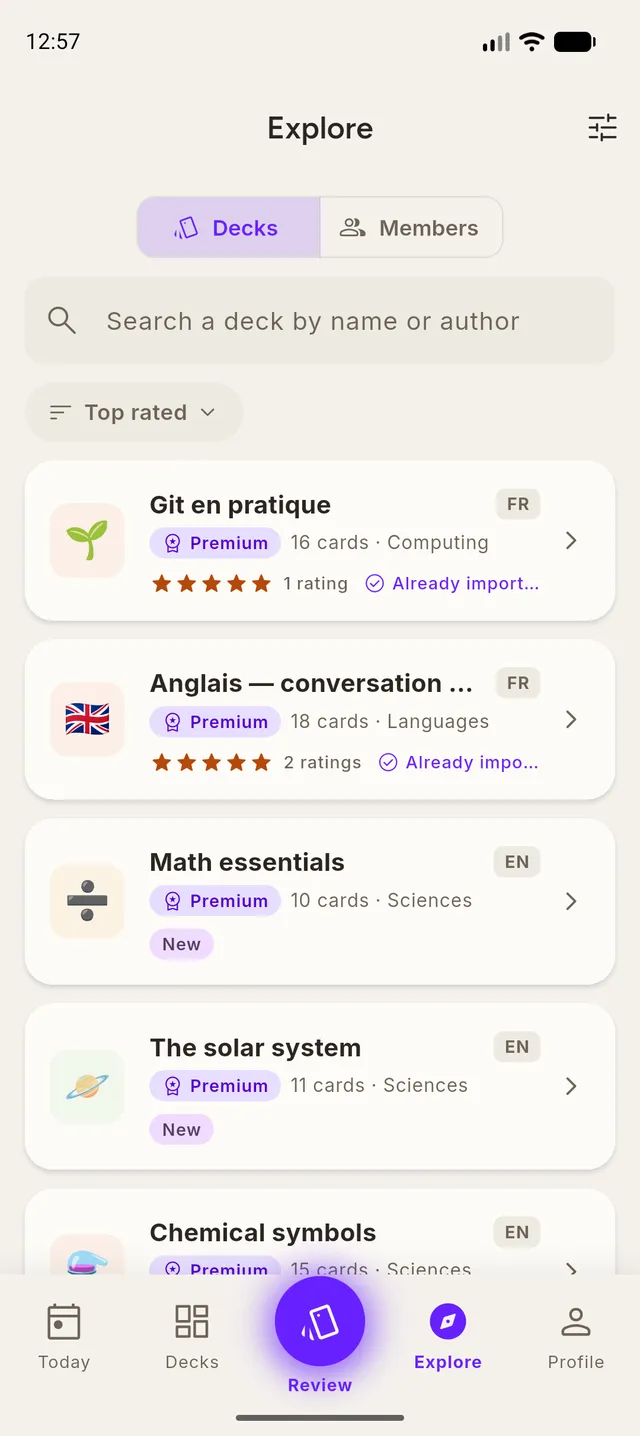Community library: a list of decks published by other users