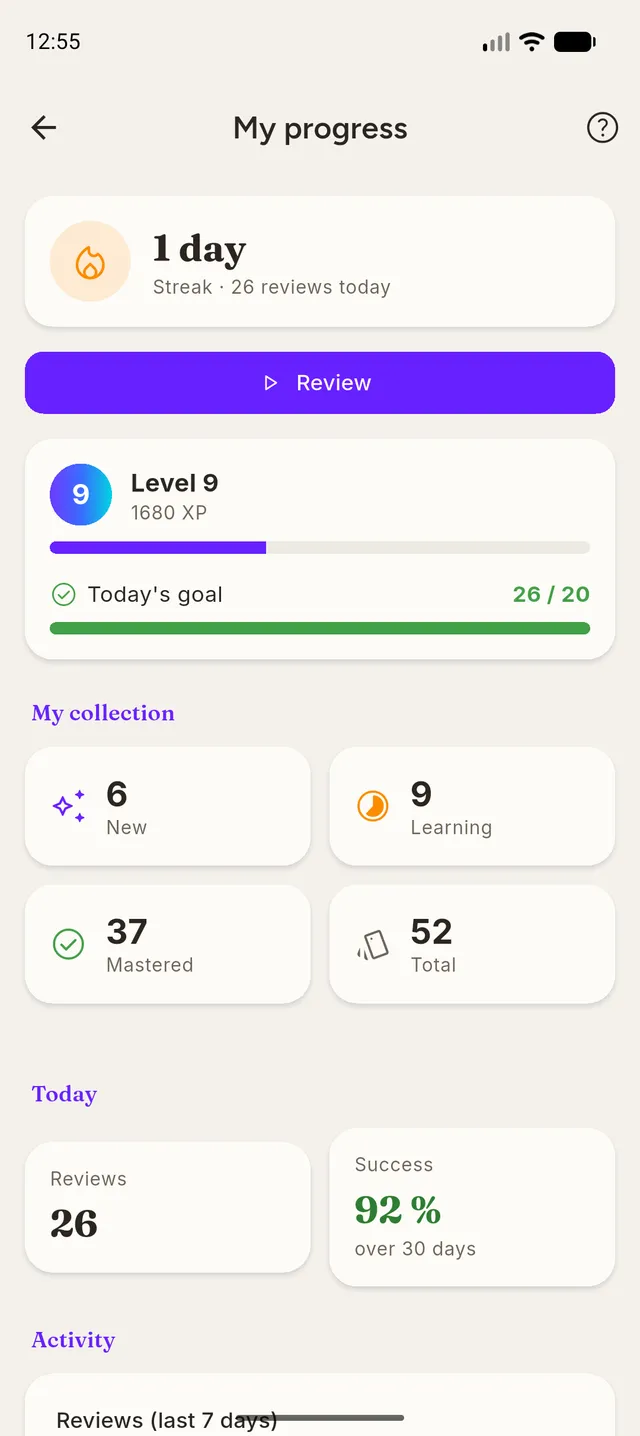Statistics screen: revision history and workload forecast